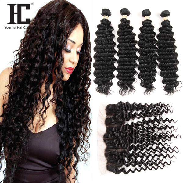 HC Hair Product Pre Plucked Lace Frontal With 4 Bundles Brazilian Deep Wave Hair 100% Human Hair Extensions 4 Biundles With Frontal 13*4