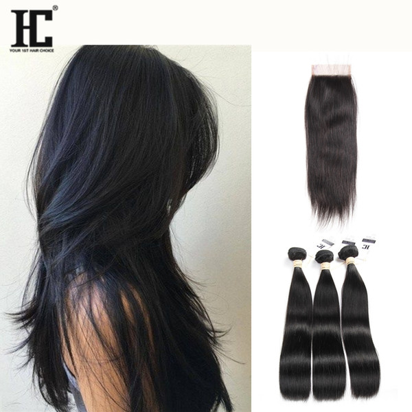 HC Brazilian Virgin Straight Hair with Closure 3 Bundles Human Hair Bundle Lace Closure Unprocessed Brazilian virgin hair with closure