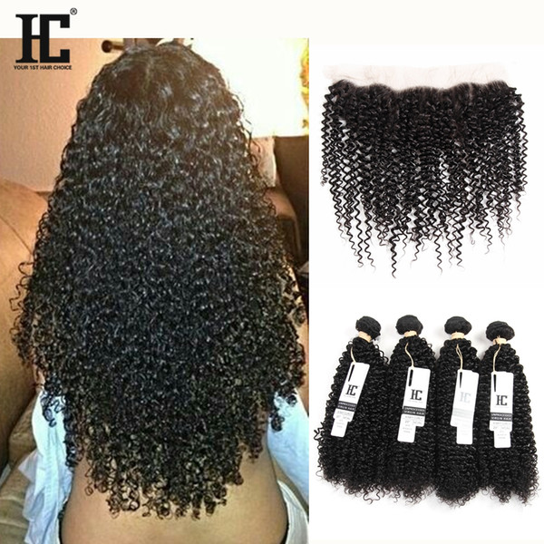 8A Grade Brazilian Virgin Kinky Curly 4 Bundles with Lace Frontal Ear to Ear Natural Hairline 13*4 Frontal with Human Hair Weaves 5pcs/Lot