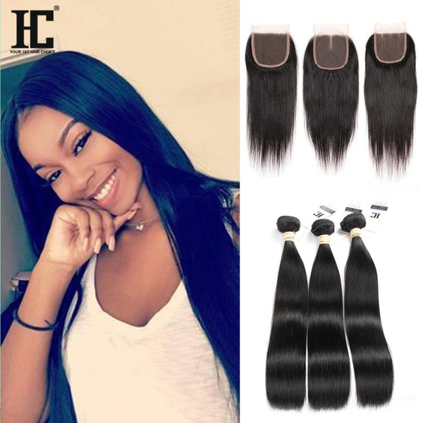 HC Hair Brazilian Straight 3 Bundles With Closure Brazilian Human Hair With Lace Closure 100% Unprocessed Straight Hair Weaves With Closure