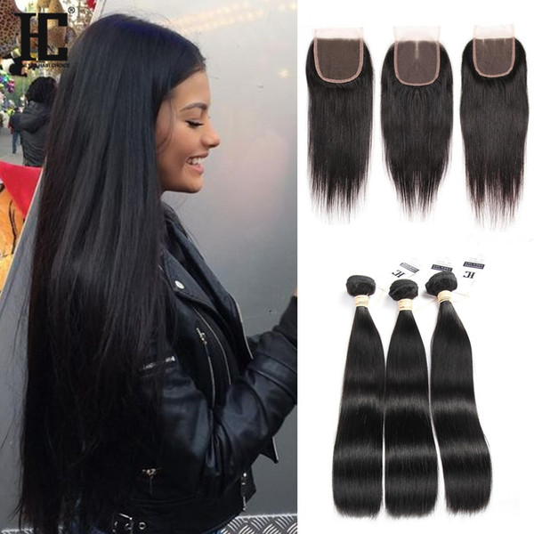 HC Hair Lace Closure With 3 Bundles Brazilian Straight Hair Peruvian Indian Malaysian Cambodian Virgin Human Hair Weaves Closure 4*4