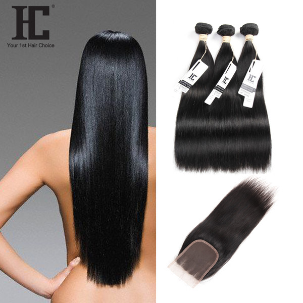 HC Hair Peruvian 3 Bundles With Closure Straight Human Hair Peruvian Human Hair With Lace Closure 100% Unprocessed Straight Weaves