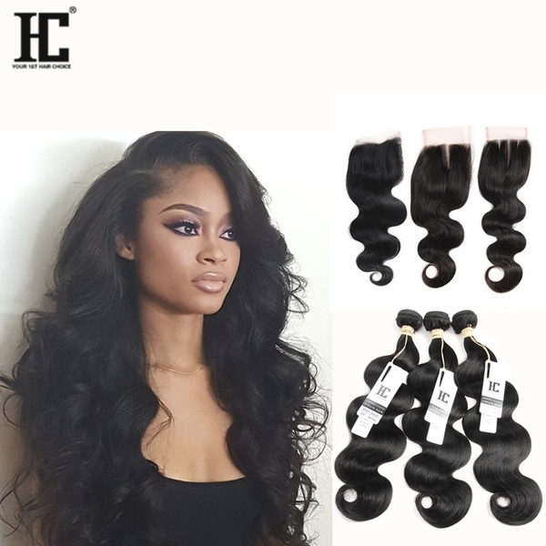 HC Hair 7a Brazilian Virgin Hair Body Wave 3 Bundles With Closure Lace Hair Closure 4x4 Natural Color Dyeable 8-30 Inch