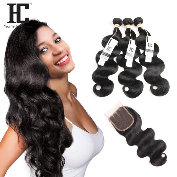 HC Hair Brazilian Virgin Hair With Closure 3 Bundles Brazilian Peruvian Malaysian Indian Human Hair Weave Body Wave With Lace Closure