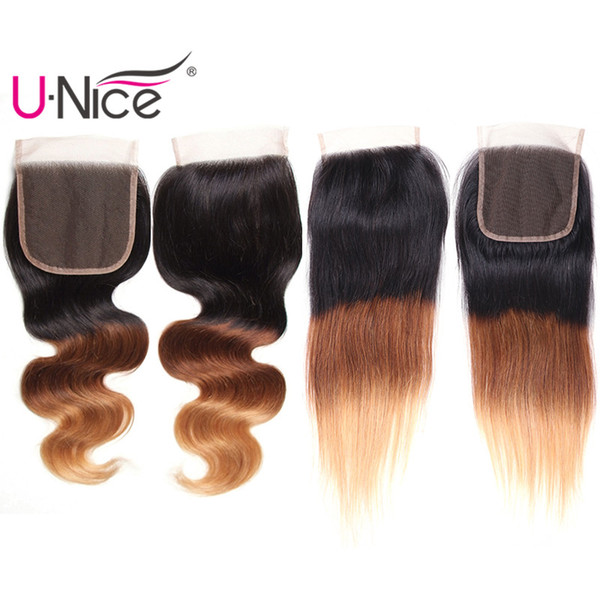 UNice Hair Ombre Brazilian Body Wave Closure Virgin Straight Human Hair Closures Free Part Body Wave Peruvian Remy Cuticle Aligned Hair