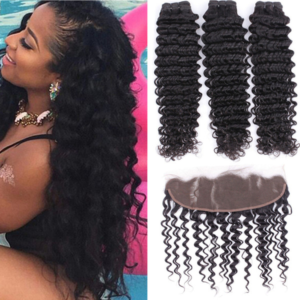 8A Grade Deep Wave Human Hair 3 Bundles With Closure Brazilian Hair Weave Bundles With Frontal Closure Lace Frontal Closure NonRemy 4PCS