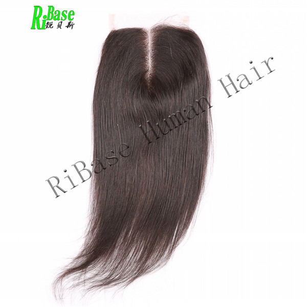 RiBase Lace Closure Remy Brazilian Straight Human Hair Closure 4 x 4 Middle Part With Baby Hair Bleached Knots