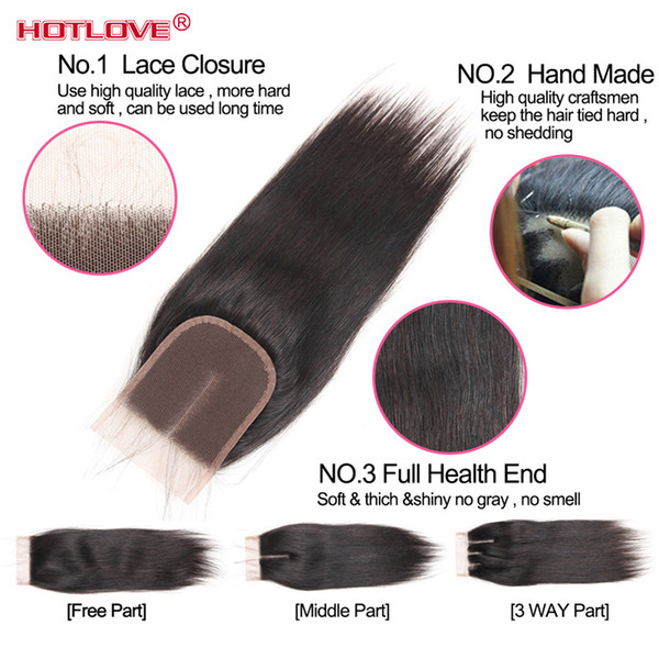 Hotlove Hair Top Lace Closure Straight Wave Brazilian Virgin Hair Swiss Lace Closure 4*4 Free / Middle/ Three Part Natural Blalck 8-20 inch