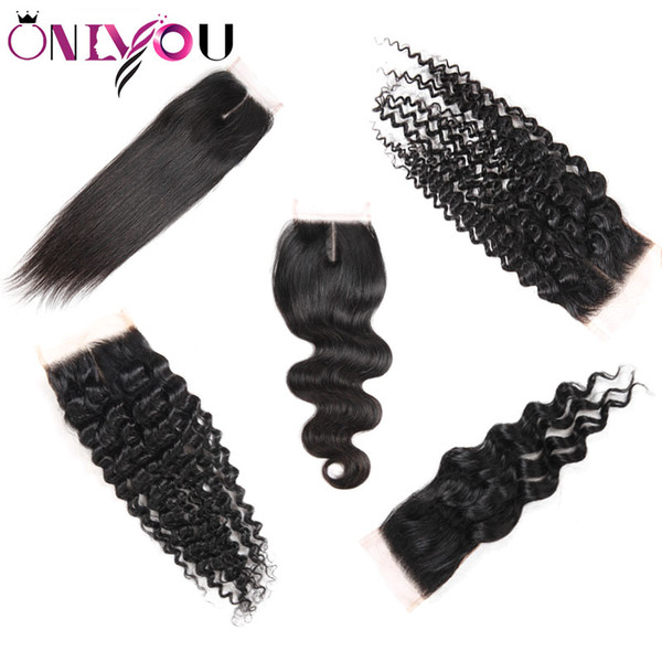 Onlyou Hair® Human Hair Extensions Top Closures Straight Body Deep Water Wave Brazilian Virgin Hair 4*4 Middle Free Lace Closure Wholesale