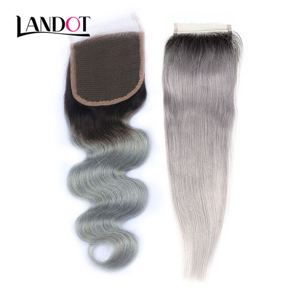 Ombre 1b/Grey Brazilian Virgin Human Hair Lace Closure Peruvian Malaysian Indian Cambodian Body Wave Straight Hair Swiss Closures 4x4 Size