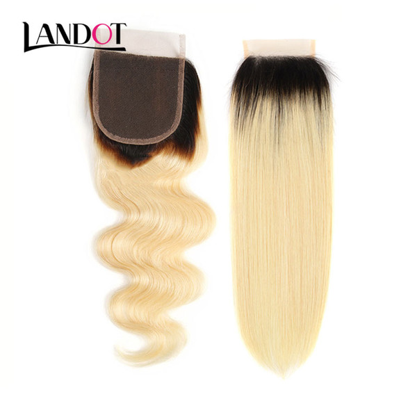 Ombre 1b/613# Bleach Blonde Human Hair Lace Closure Virgin Brazilian Peruvian Malaysian Indian Cambodian Russian Body Wave Straight Closures