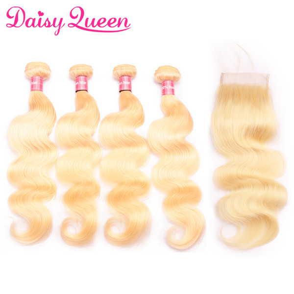 8A Brazilian Virgin Remy Hair Body Wave Straight 4 Bundles With Closure 613 Blonde Human Hair Weaves With 4x4 Lace Closure 