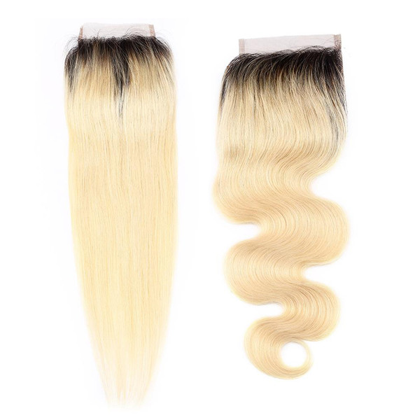 9A Brazilian Virgin Human Hair Weave Closures Body Wave or Straight T1b/613 ombre color bionde 4x4 Lace Closures