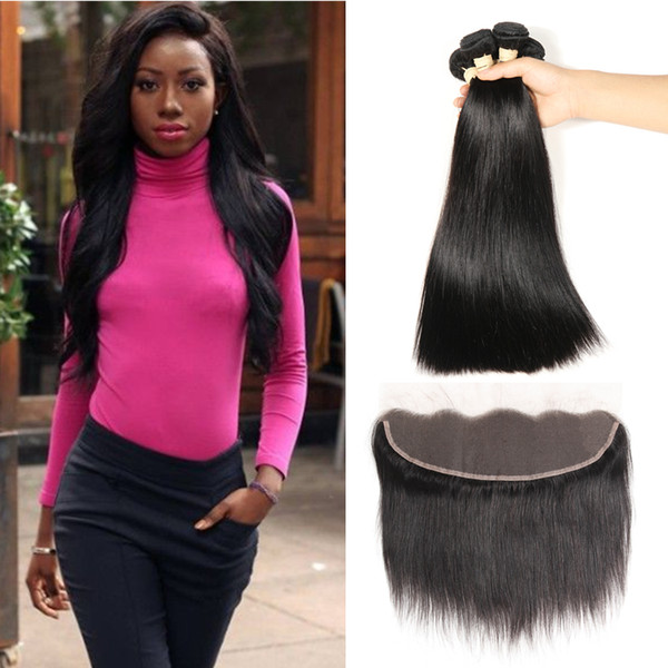 Straight Hair Lace Frontal with 3 Bundles Brazilian Human Hair Weft 13*4 Lace Frontal Ear to Ear Natural Hairline Human Hair Extensions