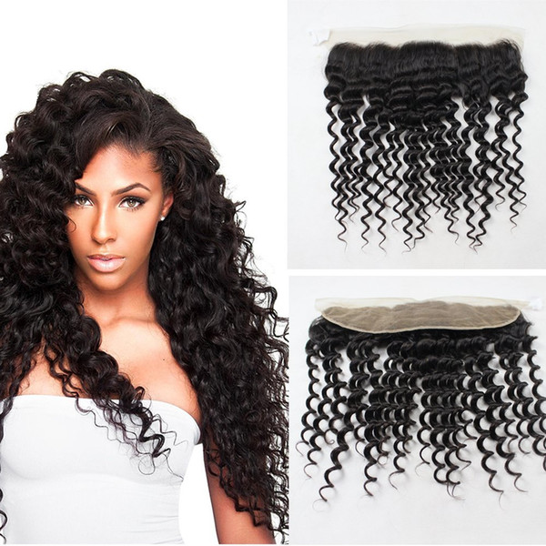 Deep Wave Brazilian Frontal Lace Closure with Baby Hair Deep Curly 13x4 Hair Natural Color Free Part Bleached Knots