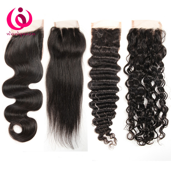 4x4 Lace Closure Brazilian Body Wave Straight Deep Kinky Curly Human Hair Closures Free Middle Three Part Bleached Konts