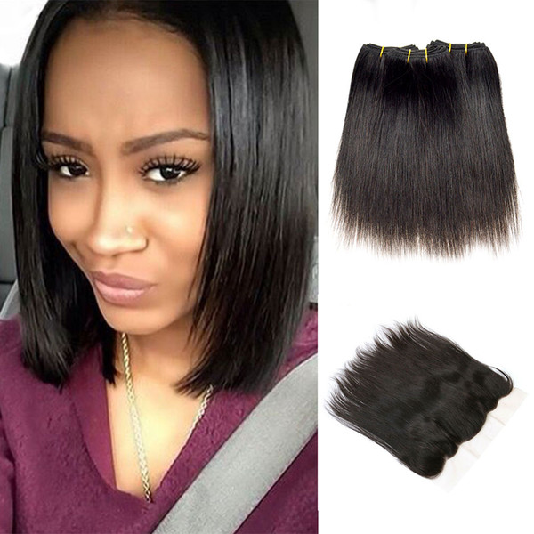 Brazilian Straight Hair With Lace Frontal Natural Color Frontal brazilian virgin Bob Weave Frontals With Bundles Human Hair