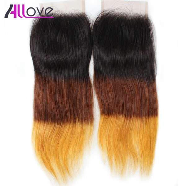 10A Remy Ombre T1b/4/27 Brazilian Human Hair Closure 1Pcs Peruvian Straight Hair Closure Malaysian Straight Hair 4*4 Lace Closure