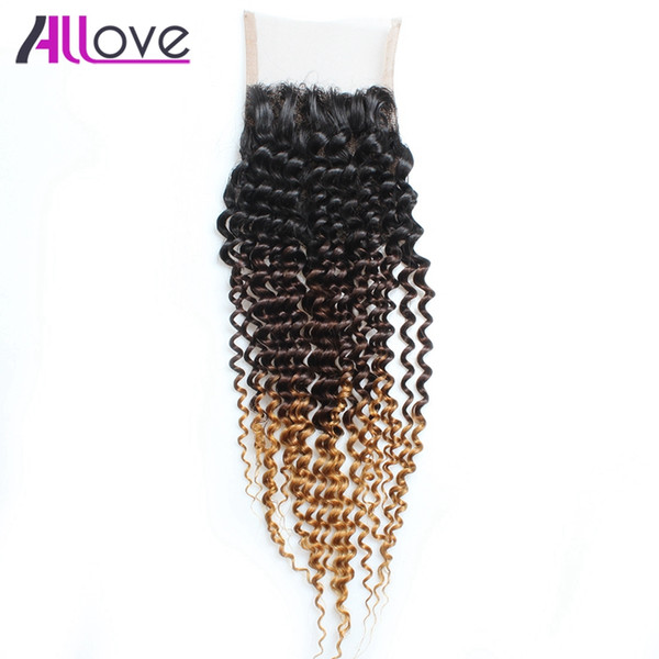 Allove 10A T1b/4/27 Brazilian Lace Closure 4*4 Curly Peruvian Hair Bundles Indian Virgin Hair Malaysian Curly Hair Extensions