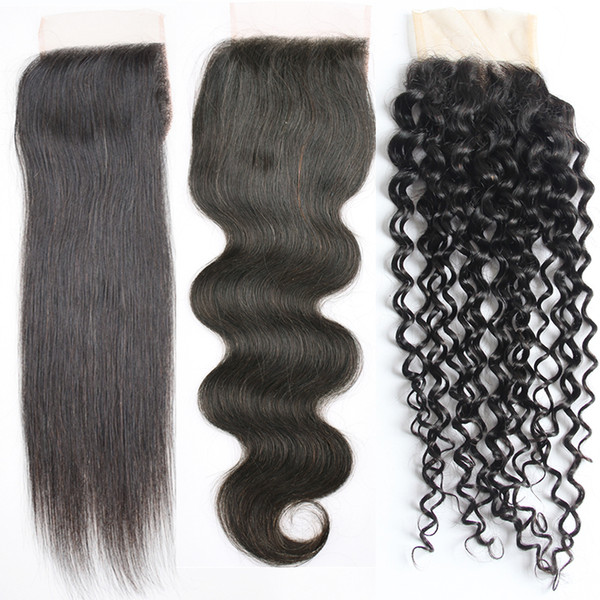 Brazilian Virgin Human Hair Lace Closure 4*4 Peruvian Malaysian Indian Body Wave Straight Kinky Curly Closures Top Lace Closures 1 Piece