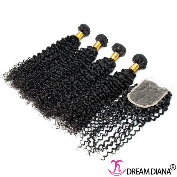 Brazilian Virgin Hair Bundles With Closure Kinky Curly Human Hair Bundles With Lace Closure 4*4 Swiss Lace Light Brown DHL 