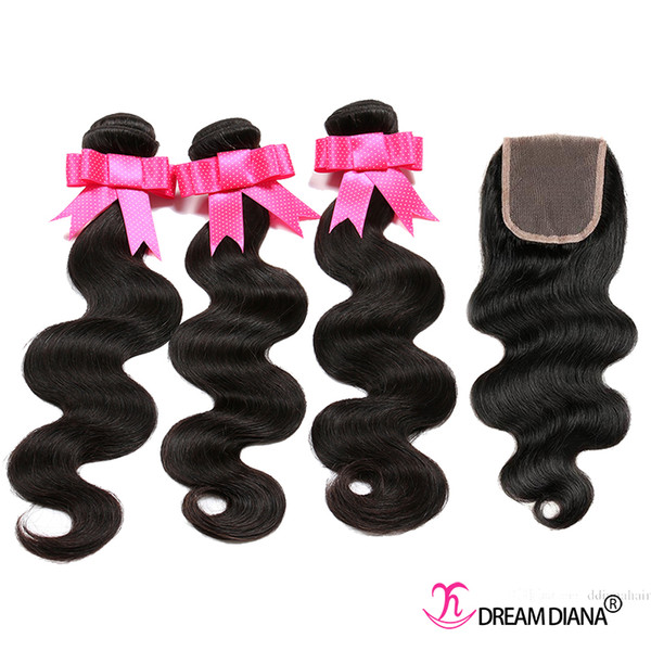 Bundles With Lace Closure Brazilian Virgin Hair Body Wave Human Hair Weaves 3 Bundles With Closure Can Be Dyed Can Be Permed