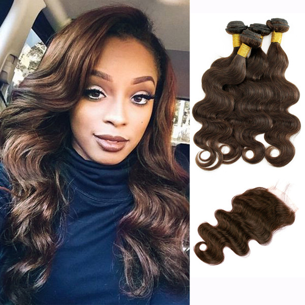 4 Bundles With Lace Closure Dark Brown Brazilian Body Wave Virgin Hair Weave Bundles Free Part Middle Part Three Part