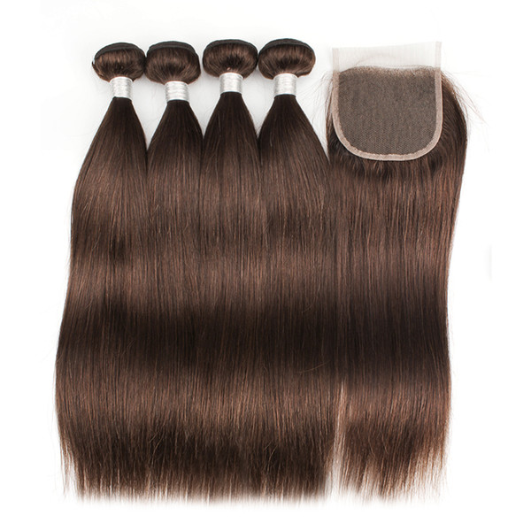 Kiss Hair 4 Bundles With Lace Closure Dark Brown Brazilian Straight Virgin Hair Weave Bundles Free Part Middle Part Three Part