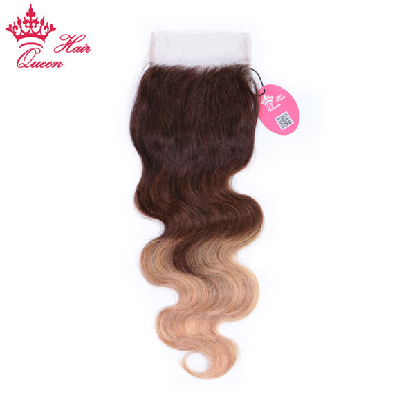 Queen Hair Products Brazilian Body Wave Closure Remy Human Hair 4''x4'' Lace Closure Ombre Color #2/6/27 Medium Brown Lace 130% density