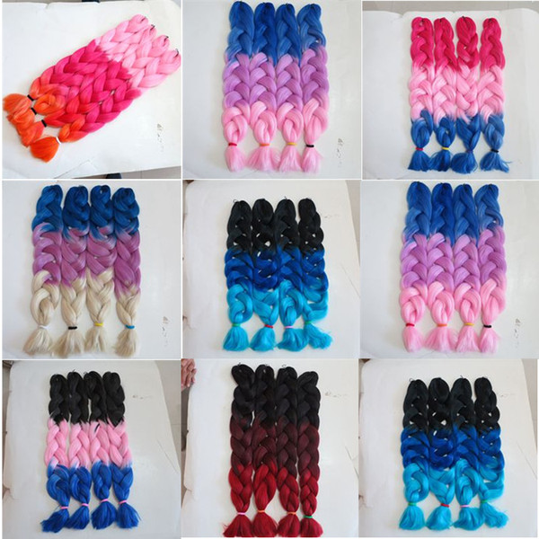 Kanekalon Synthetic Braiding Hair 32inch 165g Black&Dark Blue&Light Blue Ombre Three Tone Color Crochet Jumbo Braids Twist Hair Extensions