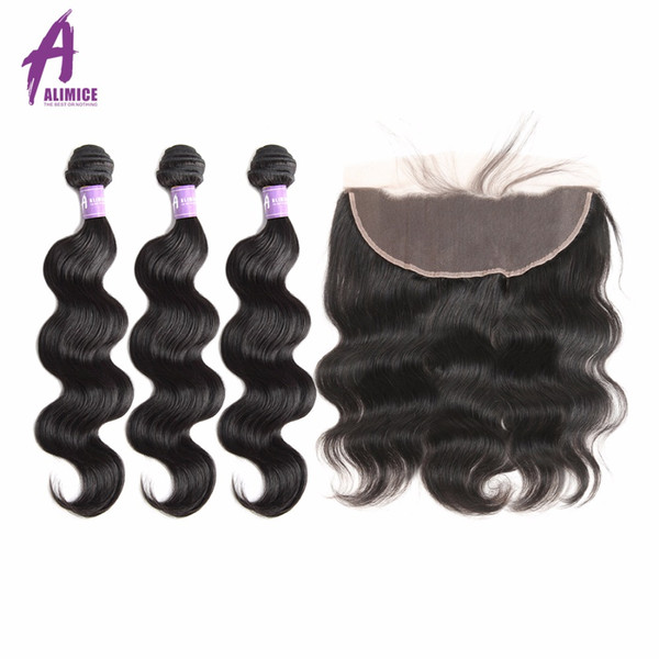 Peruvian Body Wave Human Hair Weave 3 Bundles Hair Weft With Free One Lace Frontal Closure Alimice Non-Remy Weaving