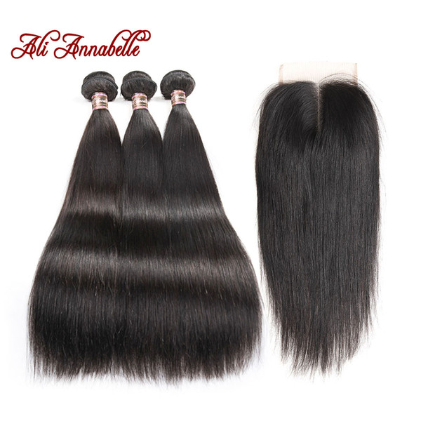 ALI ANNABELLE HAIR Brazilian Straight Hair With Middle Part Lace Closure Remy Human Hair Bundles 4PCS PACK 4*4 lace Closure