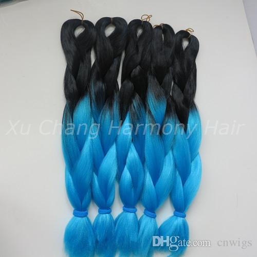 Kanekalon Jumbo Braiding Synthetic Hair 24inch 100g Black&sky blue Ombre Two Tone Colored Xpression Hair Extension