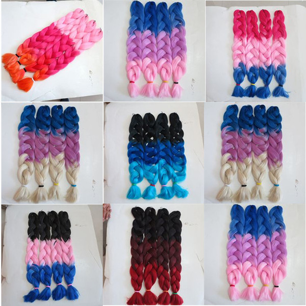 Kanekalon synthetic braiding Hair 82inch 165g Black&Pink&Dark Blue Ombre Three tone color jumbo braid hair extensions 7 colors