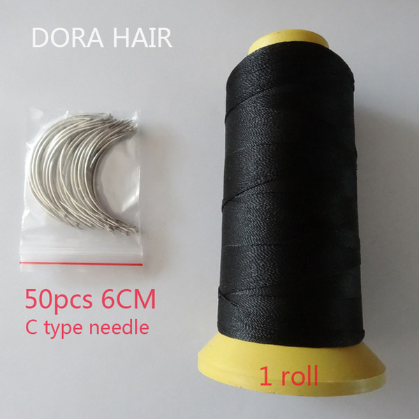 Wholesale-Free shipping 50pcs 6cm length C type weaving needles Curved needles and 1 roll Spools of Nylon weaving thread for hair weft