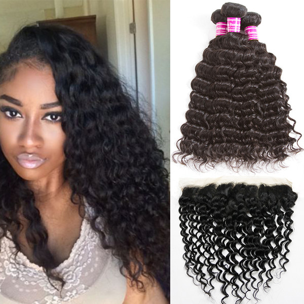 Hot sale Deep Water Body Wave Straight Kinkycurly Size 16 18 20 with 14 frontal Brazilian Virgin Human Hair Bundles Remy Hair Extensions