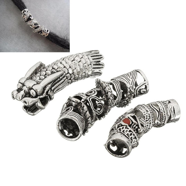 3Pcs/Lot Tibetan Silver Dragon Hair Braid Bead Braiding Dread Dreadlock Tube Beads Ring Cilp Cuff For Braiding Hair Extension