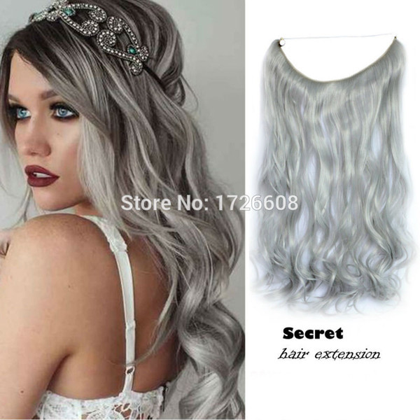 Long Grey silver no clip hair extension brazilian natural wave invisible synthetic halo hair flip in Secret hair extensions