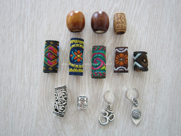 Wholesale-Free shipping 12Pcs/Lot mix wooden metal fabirc hair braid dread dreadlock beads clips cuff