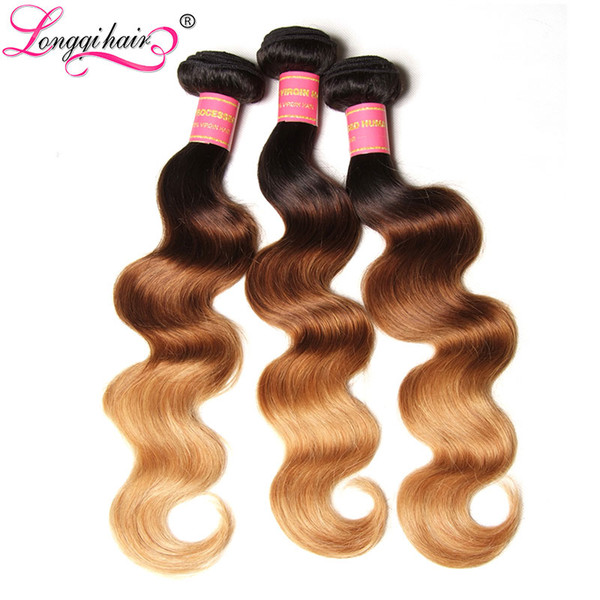 Longqi Hair T1B/4/27 Ombre Brazilian Hair Weave Bundles Body Wave 3 Tone Black Brown Blonde Human Weft 16-26 Inch Non-Remy