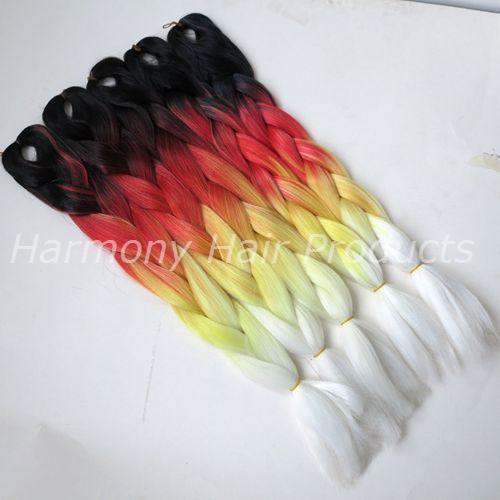 kanekalon jumbo braid hair Black+Red+Yellow+White 100G 24inch Ombre Xpression four tone color Synthetic Hair Extensions in stock