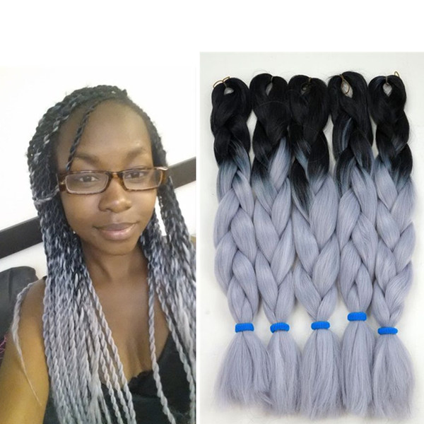 Kanekalon synthetic Ombre braiding hair 24inch 100g Black&Grey Two Tone Kanekalon Jumbo Crochet Braids twist Hair extensions