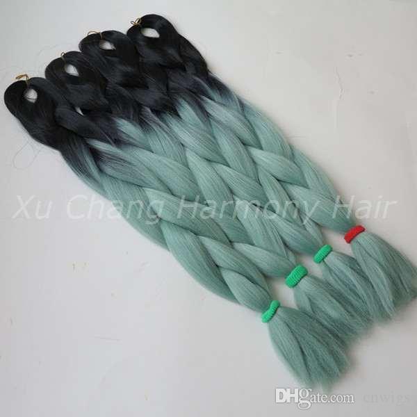 Kanekalon Jumbo Braiding Synthetic Hair 24 inch 100G Black&Mint dull Green Ombre Two Tone For Dreads Crochet Box Twist Braids