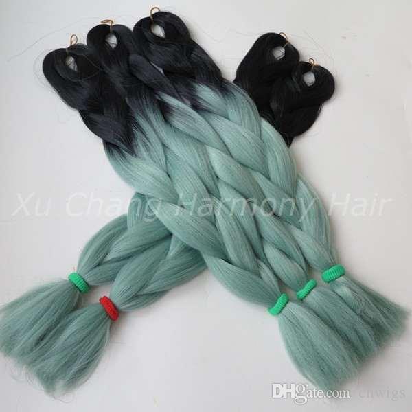 Kanekalon Jumbo Braiding Synthetic Hair 24 Inch 100G Black&Mint/Dull Green Ombre Two Tone Coloured Hair Extension