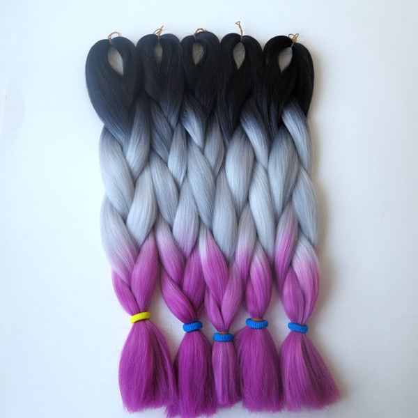 Synthetic Jumbo Braiding hair folded lenght 24inch 100g Black&Gray&Fuschia Ombre three tone color Kanekalon hair extensions hot sale