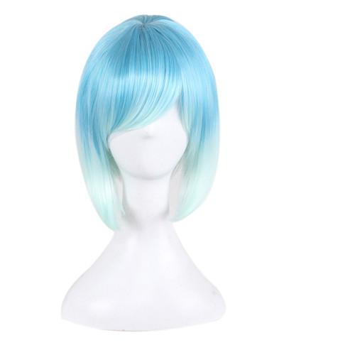 Women Cosplay Wig Short Animation Bob Hair Wigs Side Bang Ombre Blue White Colorful Synthetic Heat Resistant Wig