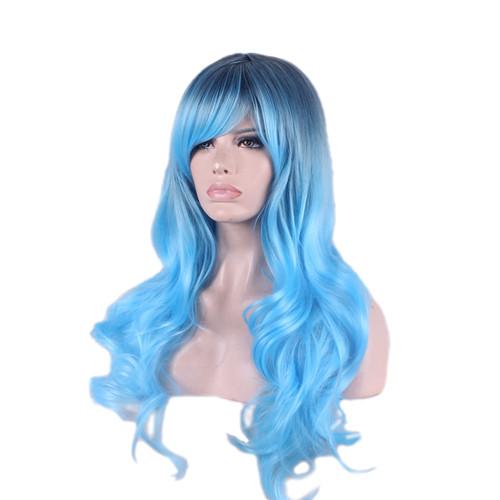 Cheap Cosplay Wigs Sapphire Blue Long Body Wave Synthetic Hair Wig Mix Ombre Color Fashion Side Bang Cosplay Wigs