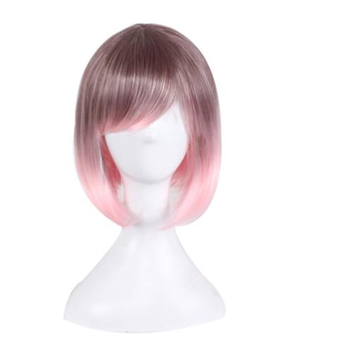 Women Cosplay Short Animation Bob Hair Ombre Black Pink Side Bang Colorful Women Synthetic Wig