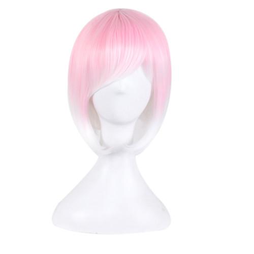 Women Cosplay Wig Short Animation Bob Hair Side Bang Ombre Pink White Colorful Women Synthetic Wig