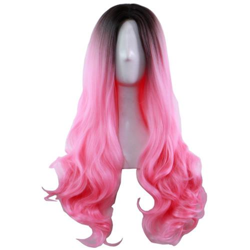 Girl Long Cospaly Wig Harajuku Lolita Black Ombre Pink Body Wave Synthetic Hair Mix Color for Women Synthetic Wig